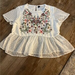 SHEIN White and Pink Embroidered Blouse